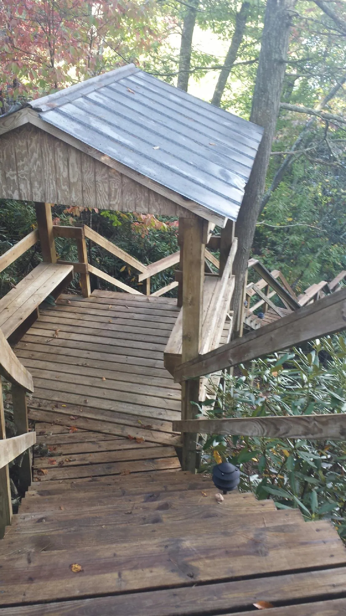 Metal roofed shelter over wooden steps on a wooded walkway — Skylight Repair & Installation work by our crew in Anvik